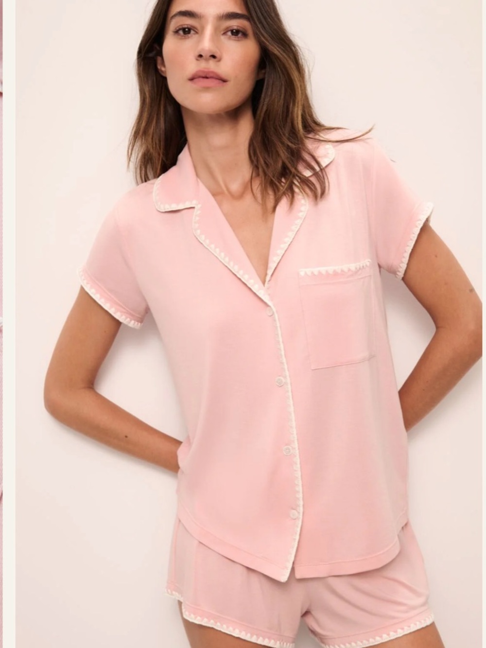 Eberjey Pink Short Sleeve Pajama Set with White Trim